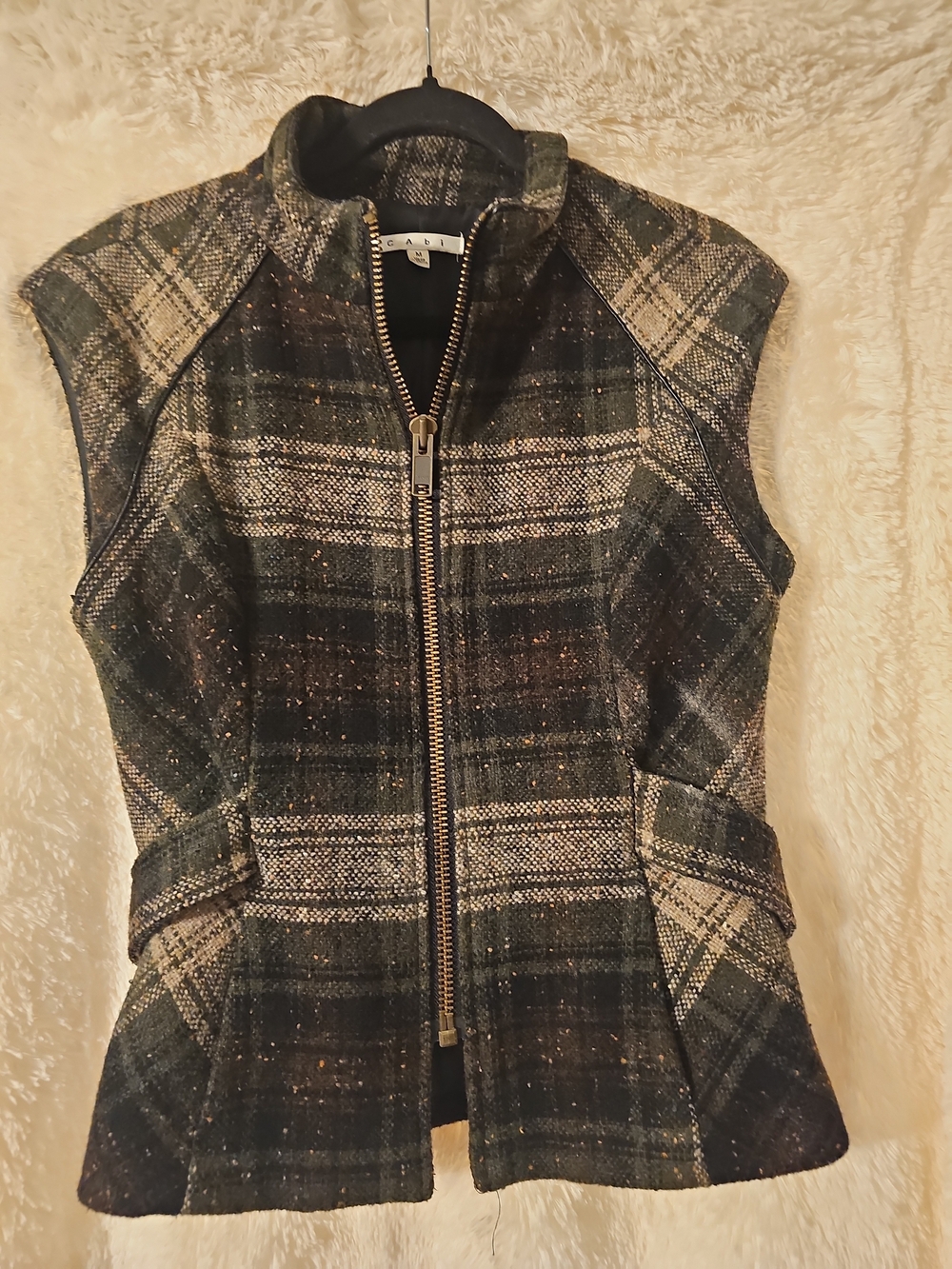 CAbi Black & Green Plaid Zip-Front Sleeveless Vest